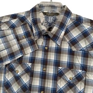 7 Diamonds Mens XL Blue Plaid Western Snap‎ Button Embroidered Long Sleeve Shirt